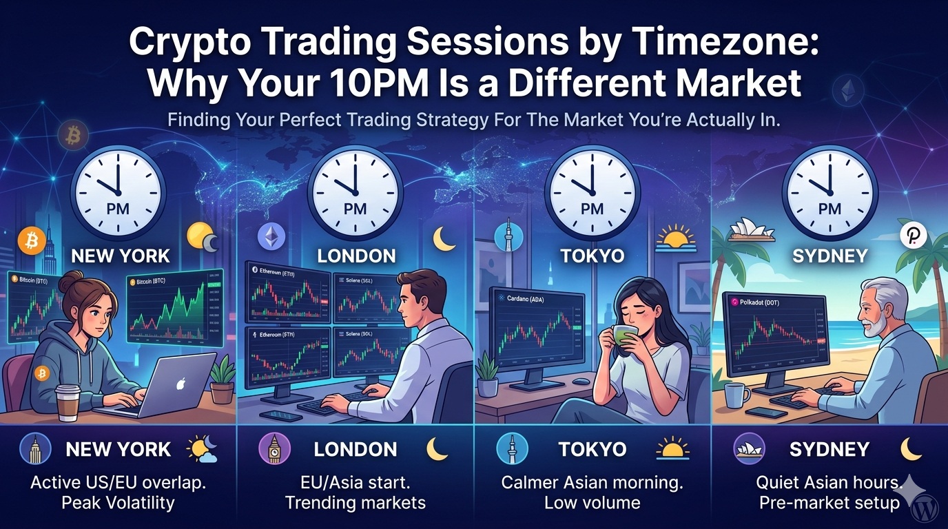 Crypto trading sessions by timezone — Asia, London, and New York session windows displayed on a 24-hour UTC clock
