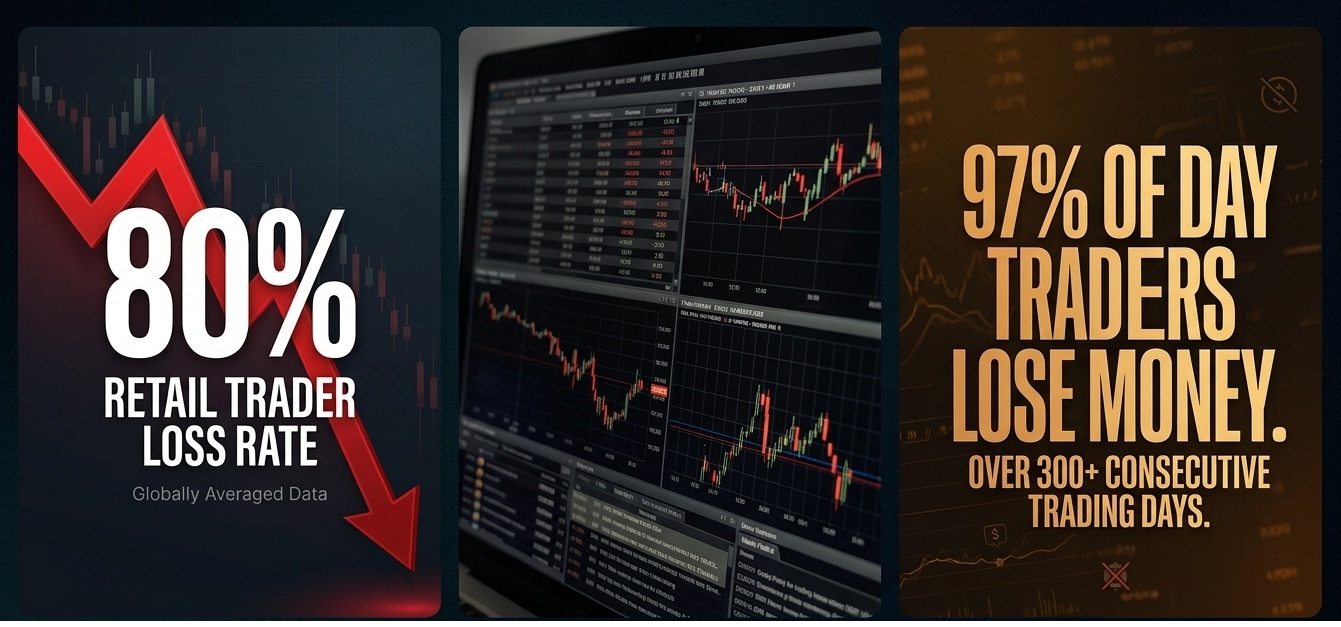 Chart showing that 70 to 97 percent of retail traders lose money across forex, crypto, stocks and futures